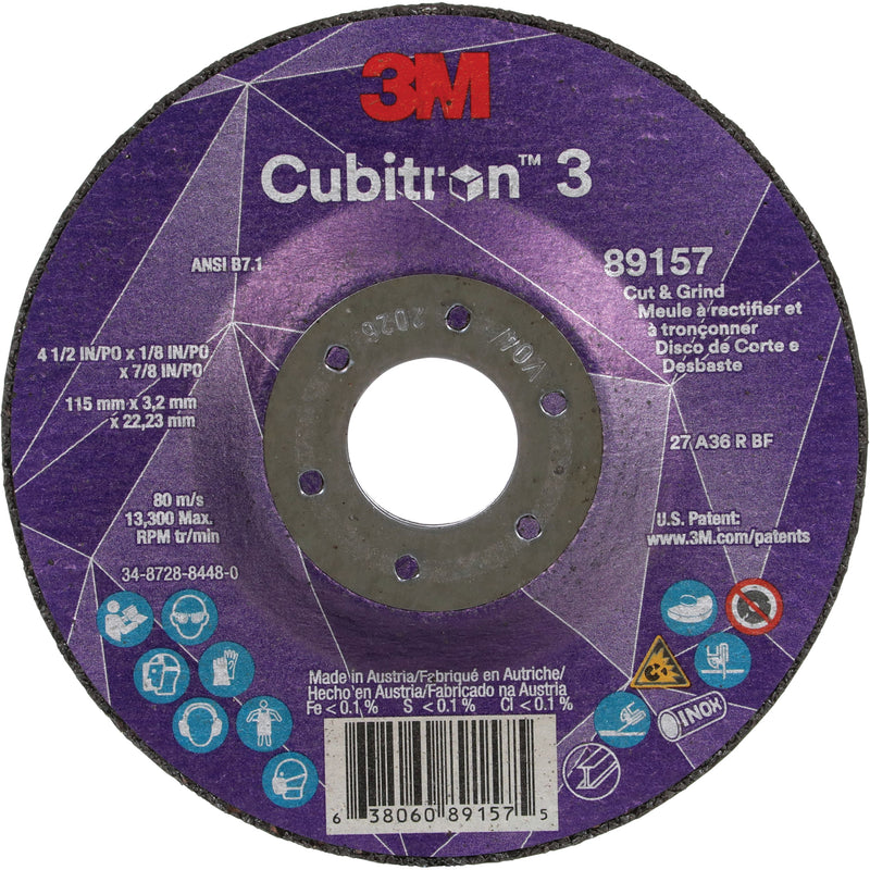 Cubitron™ 3 Cut and Grind Wheel, 4-1/2" x 1/8", 7/8" Arbor, Type 27, 36 Grit, Ceramic
