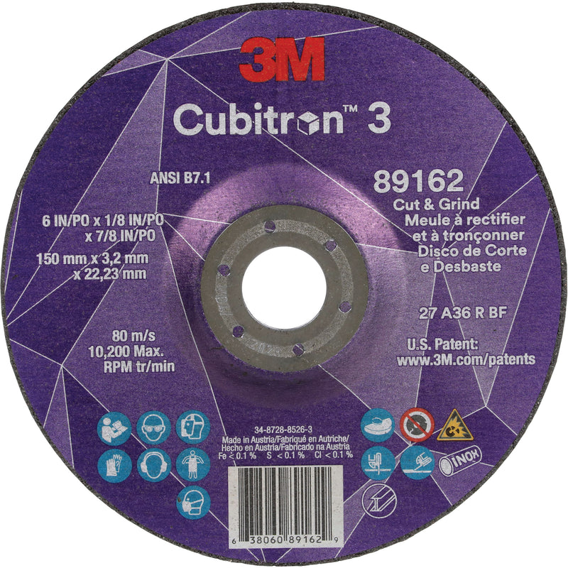 Cubitron™ 3 Cut and Grind Wheel, 6" x 1/8", 7/8" Arbor, Type 27, 36 Grit, Ceramic