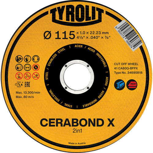 CA60Q-BFPX CERABOND X Cut-Off Wheel, 4-1/2" x 0.039", 7/8" Arbor, Type 1