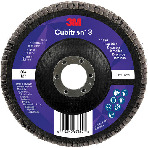 Cubitron™ 3 Flat Flap Disc 1169F, 5" x 7/8", Type T27, 60+ Grit, Ceramic