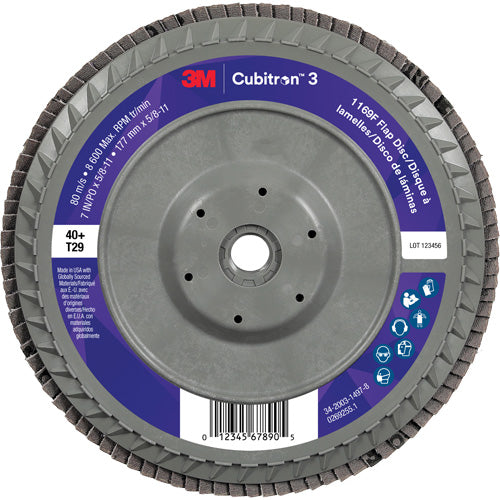 Cubitron™ 3 Conical  Flap Disc with Quick Change 1169F, 7" x 5/8"-11, Type T29, 40+ Grit, Ceramic