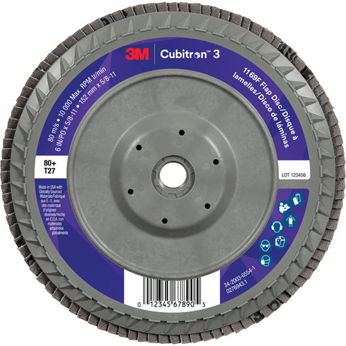 Cubitron™ 3 Flat Flap Disc with Quick Change 1169F, 6" x 5/8"-11, Type T27, 80+ Grit, Ceramic