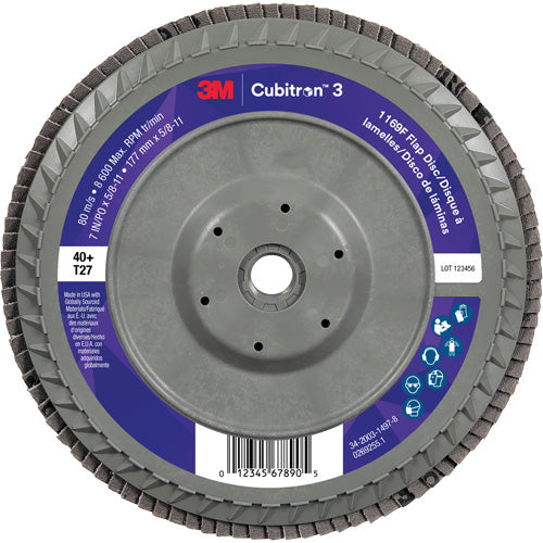 Cubitron™ 3 Flat Flap Disc with Quick Change 1169F, 7" x 5/8"-11, Type T27, 40+ Grit, Ceramic