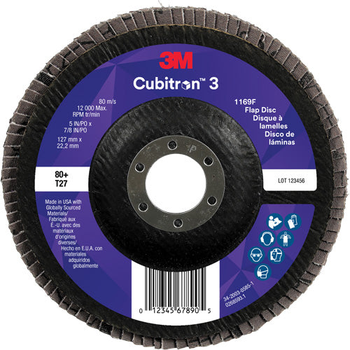 Cubitron™ 3 Flat Flap Disc 1169F, 5" x 7/8", Type T27, 80+ Grit, Ceramic