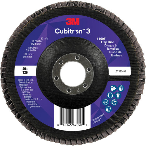 Cubitron™ 3 Conical  Flap Disc 1169F, 5" x 7/8", Type T29, 40+ Grit, Ceramic