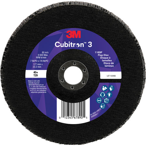 Cubitron™ 3 Conical  Flap Disc 1169F, 7" x 7/8", Type T29, 40+ Grit, Ceramic