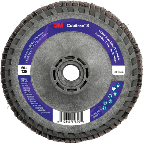 Cubitron™ 3 Conical  Flap Disc with Quick Change 1169F, 4-1/2" x 5/8"-11, Type T29, 60+ Grit, Ceramic