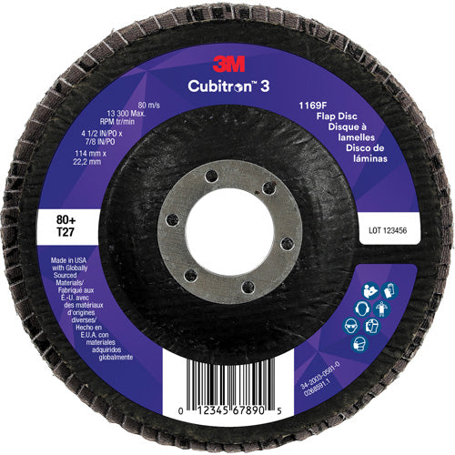 Cubitron™ 3 Flat Flap Disc 1169F, 4-1/2" x 7/8", Type T27, 80+ Grit, Ceramic