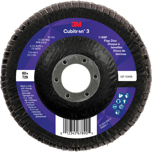 Cubitron™ 3 Conical  Flap Disc 1169F, 4-1/2" x 7/8", Type T29, 60+ Grit, Ceramic