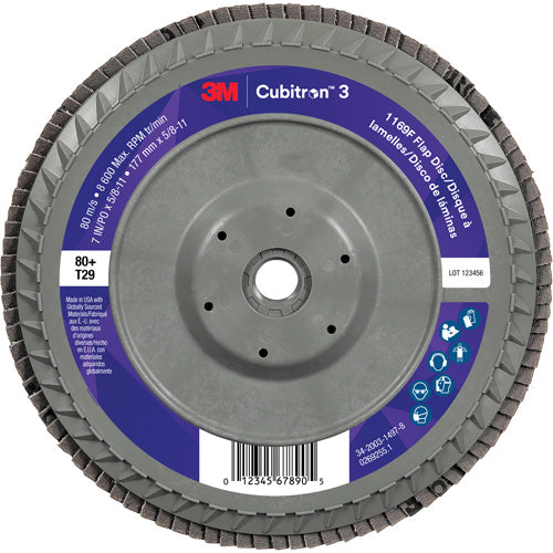 Cubitron™ 3 Conical  Flap Disc with Quick Change 1169F, 7" x 5/8"-11, Type T29, 80+ Grit, Ceramic