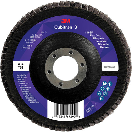 Cubitron™ 3 Conical  Flap Disc 1169F, 4-1/2" x 7/8", Type T29, 40+ Grit, Ceramic