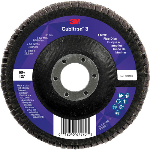 Cubitron™ 3 Flat Flap Disc 1169F, 4-1/2" x 7/8", Type T27, 60+ Grit, Ceramic