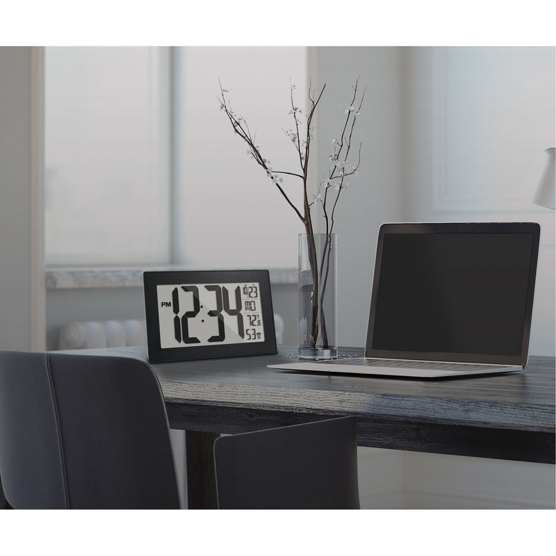 Self-Setting & Self-Adjusting Wall Clock with Stand, Digital, Battery Operated, Black
