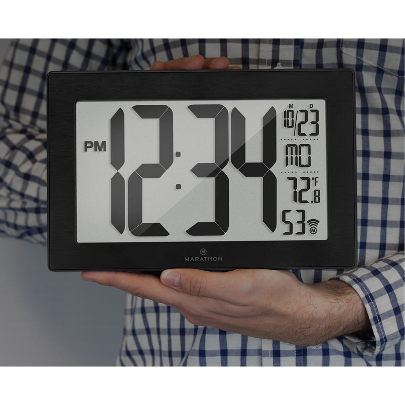 Self-Setting & Self-Adjusting Wall Clock with Stand, Digital, Battery Operated, Black