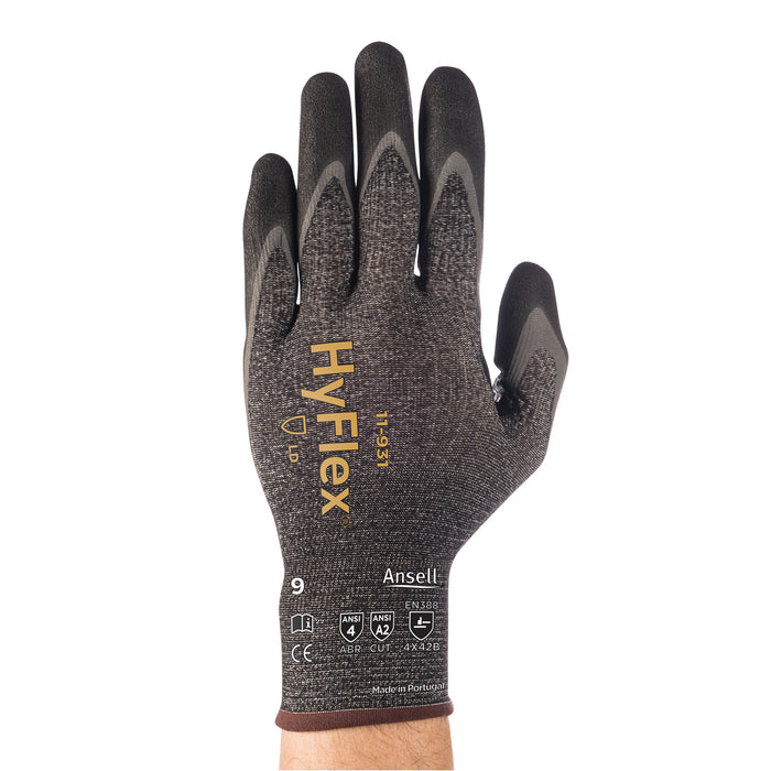 Gants légers HyFlex® 11-931, paume enduite, taille L/9, calibre 18, revêtement en mousse de nitrile, coque en Dyneema®, ASTM ANSI niveau A2