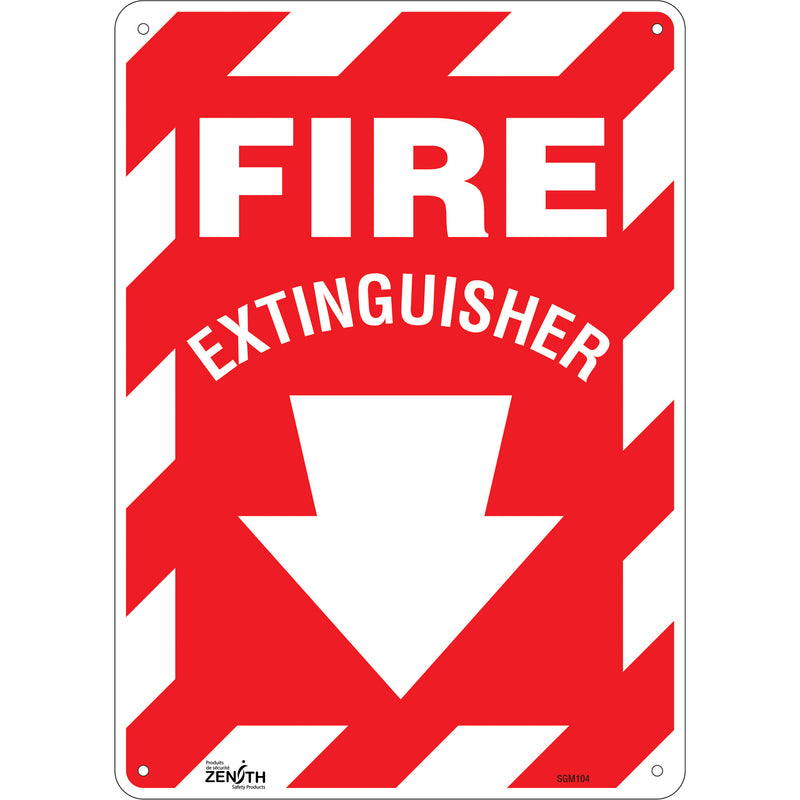 Panneau « Extincteur » avec flèche vers le bas, 35,5 cm x 25,4 cm, plastique, anglais, avec pictogramme