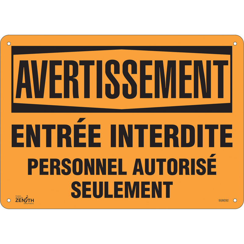 Enseigne « Personnel Autorisé Uniquement », 10" x 14", Aluminium, Français