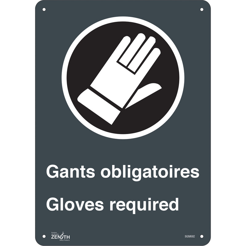 Panneau « Gants obligatoires », 35,5 cm x 25,4 cm, plastique, bilingue, avec pictogramme