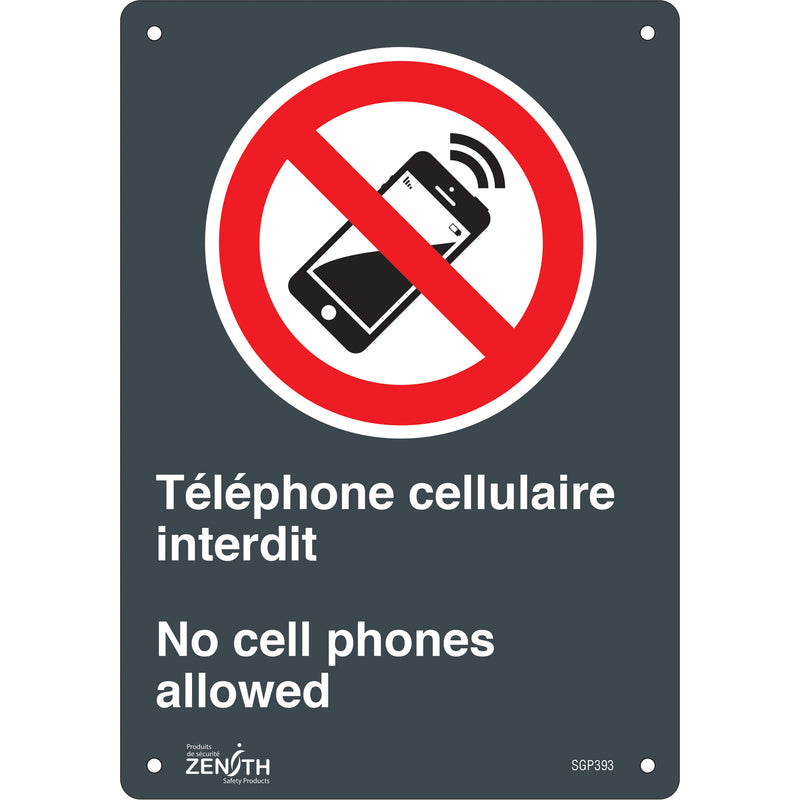 Enseigne «Téléphone cellulaire interdit /No Cell Phones», 10" x 7", Plastique, Bilingue avec pictogramme