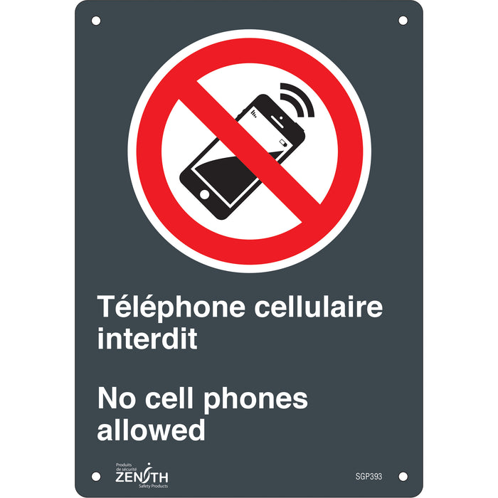 Enseigne «Téléphone cellulaire interdit /No Cell Phones», 10" x 7", Plastique, Bilingue avec pictogramme