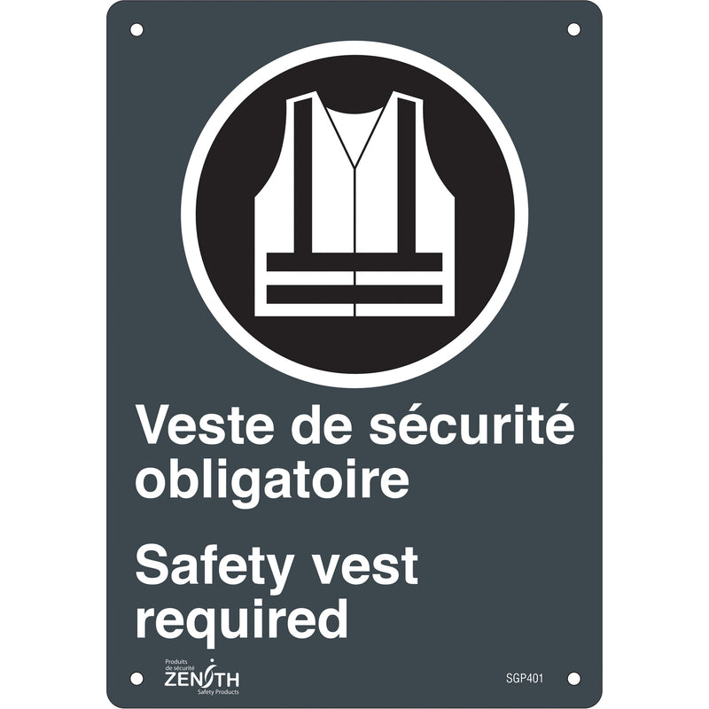 Panneau « Port du dossard obligatoire » (Safety Vest Required), 25,4 cm x 17,8 cm, plastique, bilingue, avec pictogramme