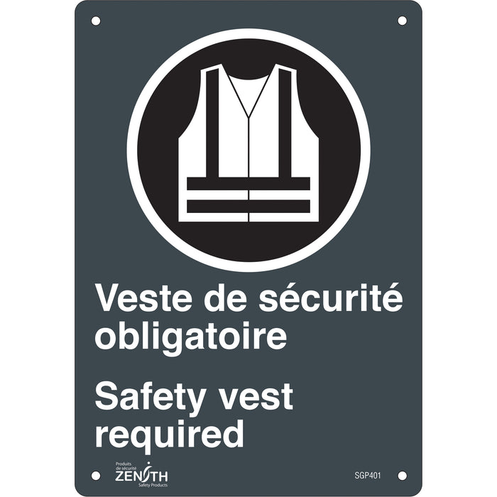 Panneau « Port du dossard obligatoire » (Safety Vest Required), 25,4 cm x 17,8 cm, plastique, bilingue, avec pictogramme