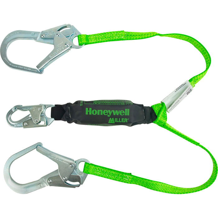 Miller® HP™ Shock-Absorbing Lanyard, 4', Locking Rebar Hook Center, Locking Snap Hook Leg Ends, Polyester