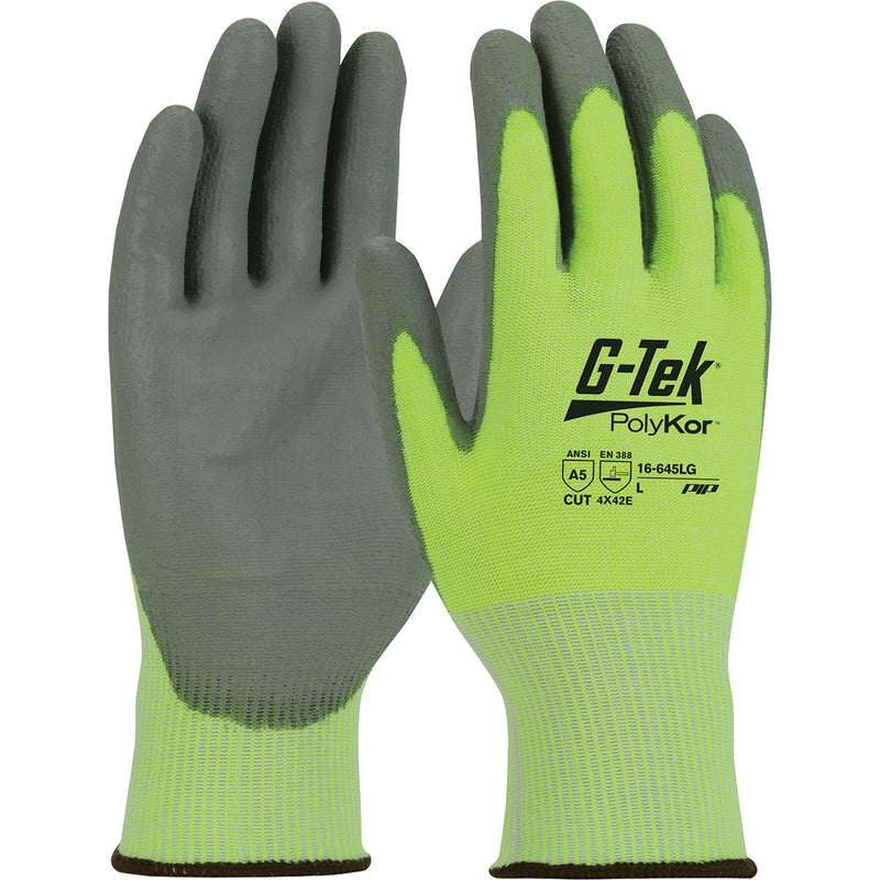 G-Tek® PolyKor® Cut Resistant Gloves, Large, 13 Gauge, Polyurethane Coated, ASTM ANSI Level A5/EN 388 Level E