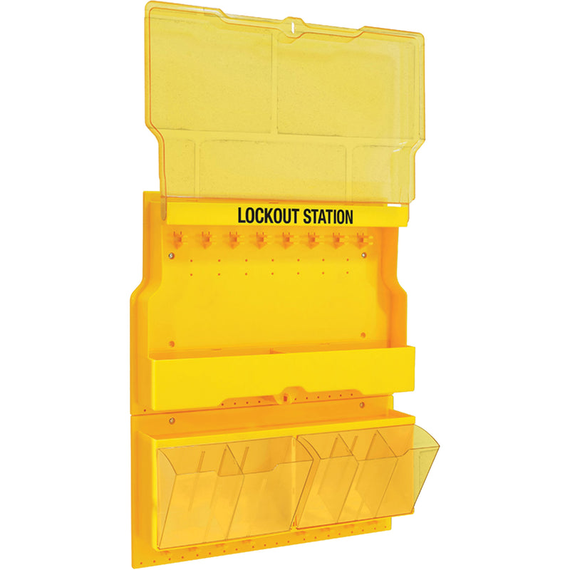 Deluxe Lockout Station with Cover and Trilingual Labels, None Padlocks, 32 Padlock Capacity, Padlocks Not Included