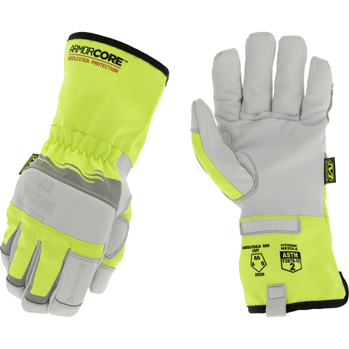 Hi-Viz Needlestick Protection Gloves, Size Large, Polyurethane Coated, DuraHide™ Shell, ASTM ANSI Level A5