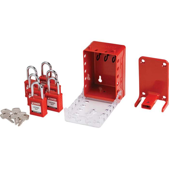 Ultra Compact Group Lockout Box with Nylon Safety Lockout Padlocks, Red
