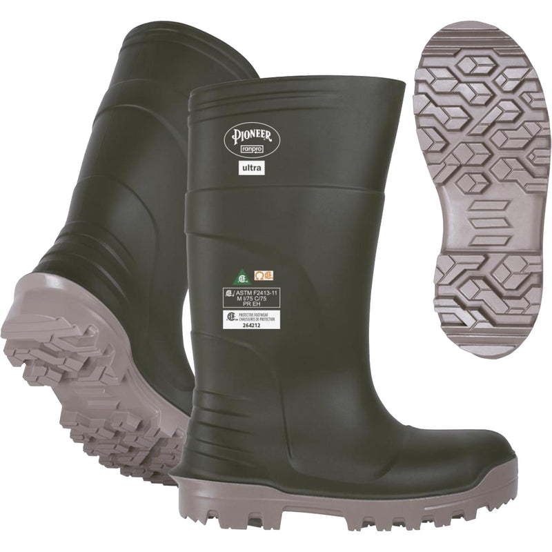 B105FUL.GR Pioneer Ultra Boots, Polyurethane, Steel/Composite Toe, Size 9, Puncture Resistant Sole