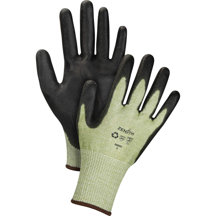 Eco-Friendly Seamless Cut-Resistant Gloves, Size 9, 13 Gauge, Polyurethane Coated, HPPE/RPET Shell, ASTM ANSI Level A4