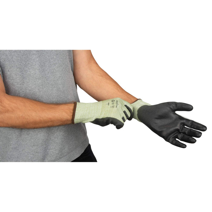 Eco-Friendly Seamless Cut-Resistant Gloves, Size 7, 13 Gauge, Polyurethane Coated, HPPE/RPET Shell, ASTM ANSI Level A4