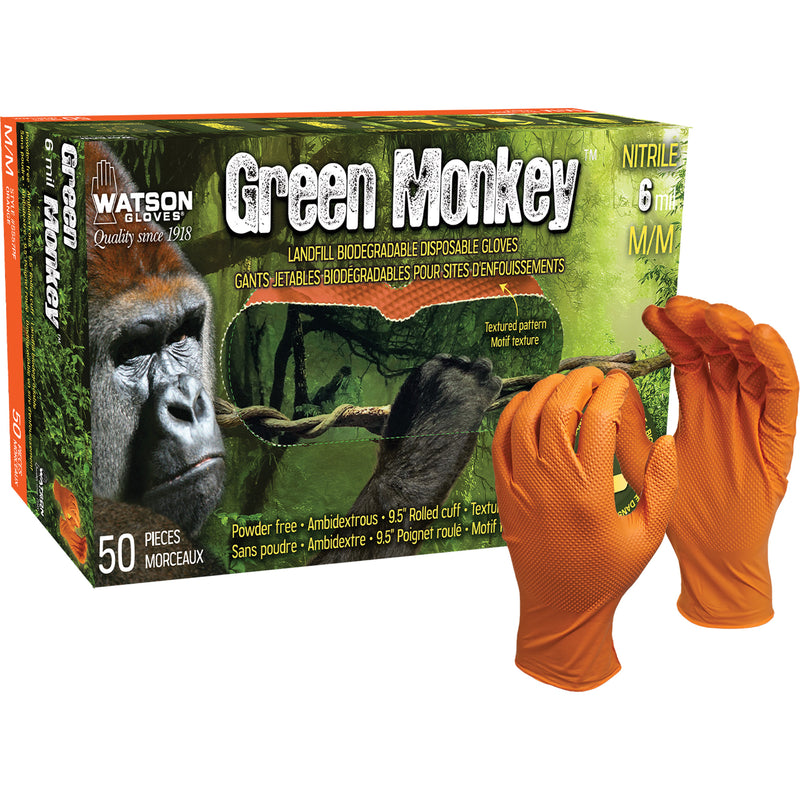 Green Monkey™ Disposable Gloves, Large, Nitrile, 6-mil, Powder-Free, Orange