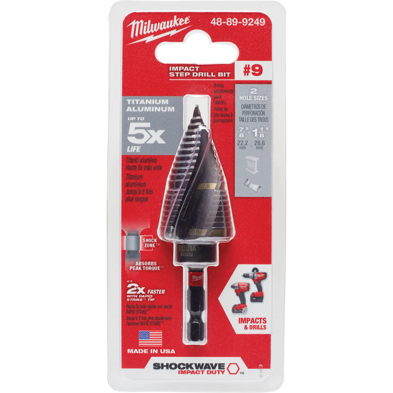 #9 Shockwave™ Impact Duty™ Step Drill Bit, 7/8" - 1-1/8" , 1/4" Increments, Titanium