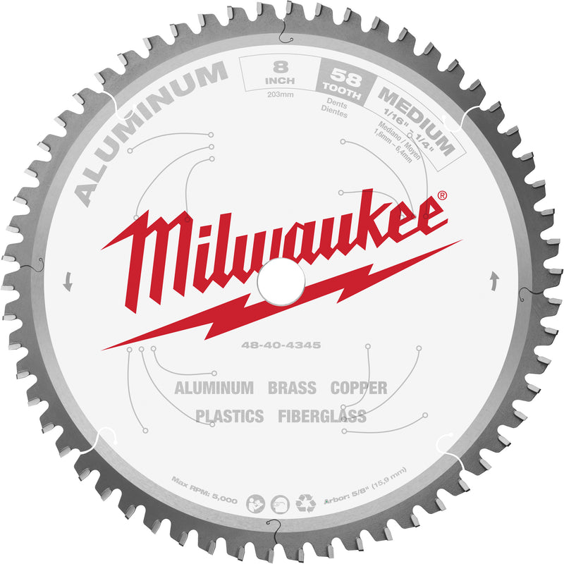 Aluminum Cutting Circular Saw Blade, 8", 58 Teeth, Plastic/Non-Ferrous Use