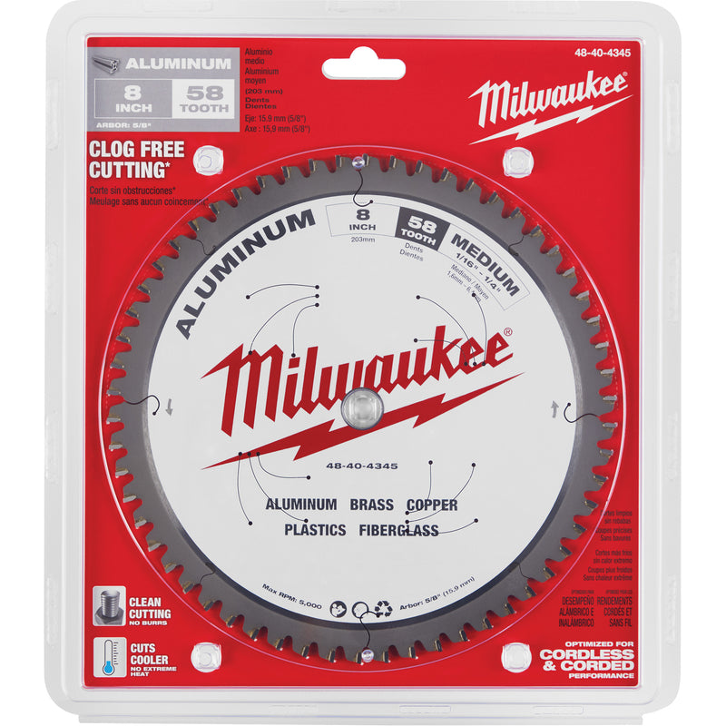 Aluminum Cutting Circular Saw Blade, 8", 58 Teeth, Plastic/Non-Ferrous Use
