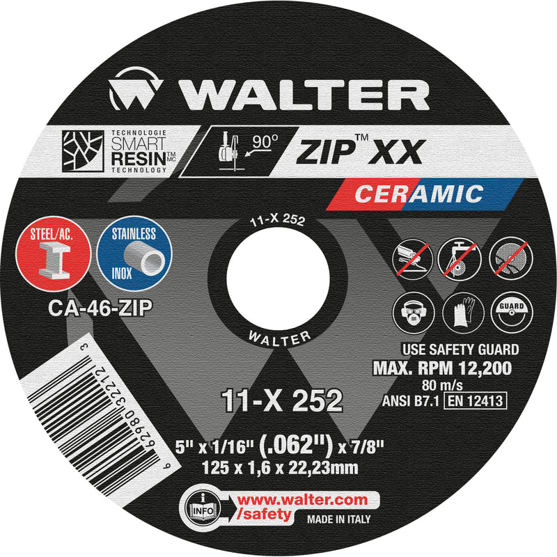 Zip™ XX Ceramic Cut-Off Wheel, 5" x 1/16", 7/8" Arbor, Type 1, Ceramic, 12200 RPM