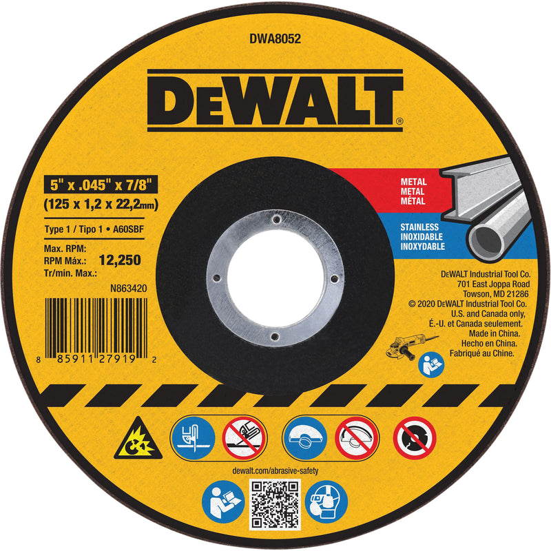 Metal Cut-Off Wheel, 5" x 0.045", 7/8" Arbor, Aluminum Oxide, Type 1
