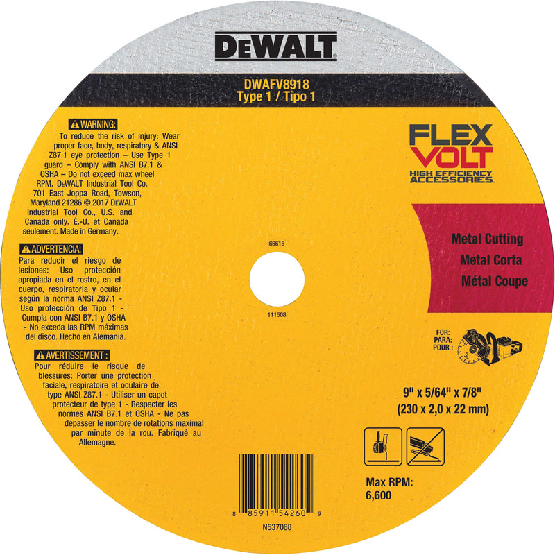 FlexVolt® Metal Cut-Off Wheel, 9-1/16" x 0.078", 22.23 mm Arbor, Ceramic, Type 1