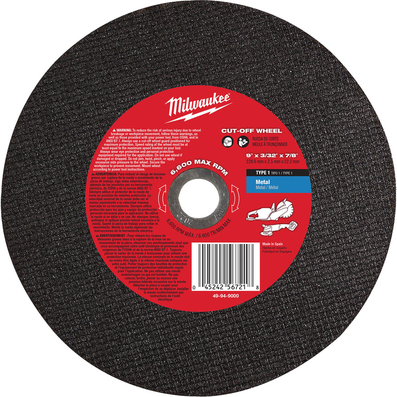 Cut-Off Wheel, 9" x 3/32", 7/8" Arbor, Type 1, 6600 RPM