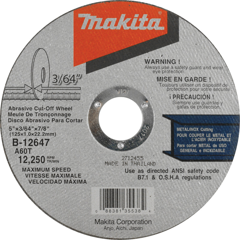 Thin Kerf Cut-Off Wheel, 5" x 3/64", 7/8" Arbor, Type 1, Aluminum Oxide, 12250 RPM