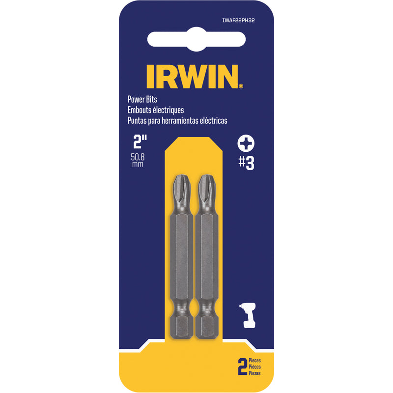 Power Bits, Phillips, #3 Tip, 1/4" Drive Size, 2" Length