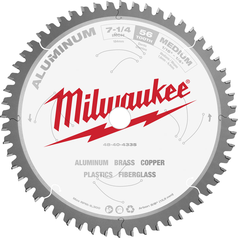Aluminum Cutting Circular Saw Blade, 7-1/4", 56 Teeth, Plastic/Fibreglass/Non-Ferrous Use