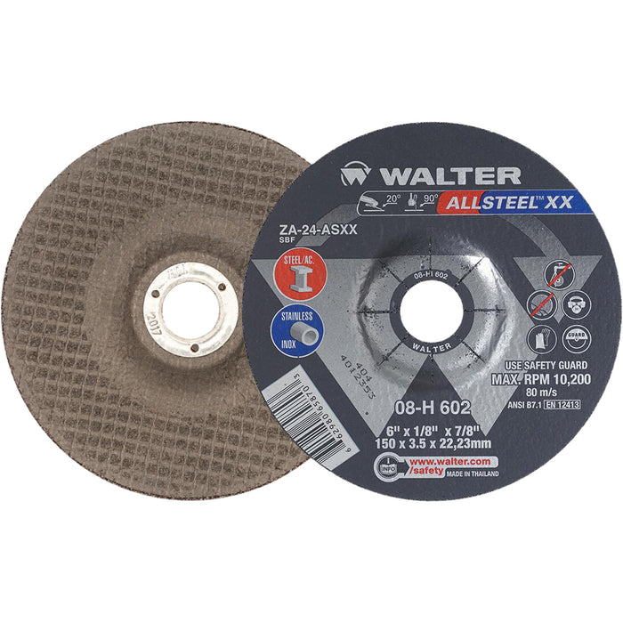 Depressed Centre Grinding Wheels - Allsteel™ XX, 6" x 1/8", 7/8" Arbor, Type 27, Zirconia Alumina, 10200 RPM