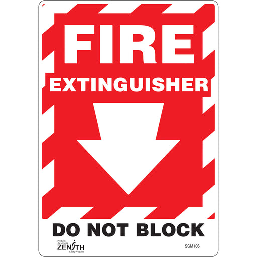 "Fire Extinguisher Do Not Block" with Down Arrow Sign